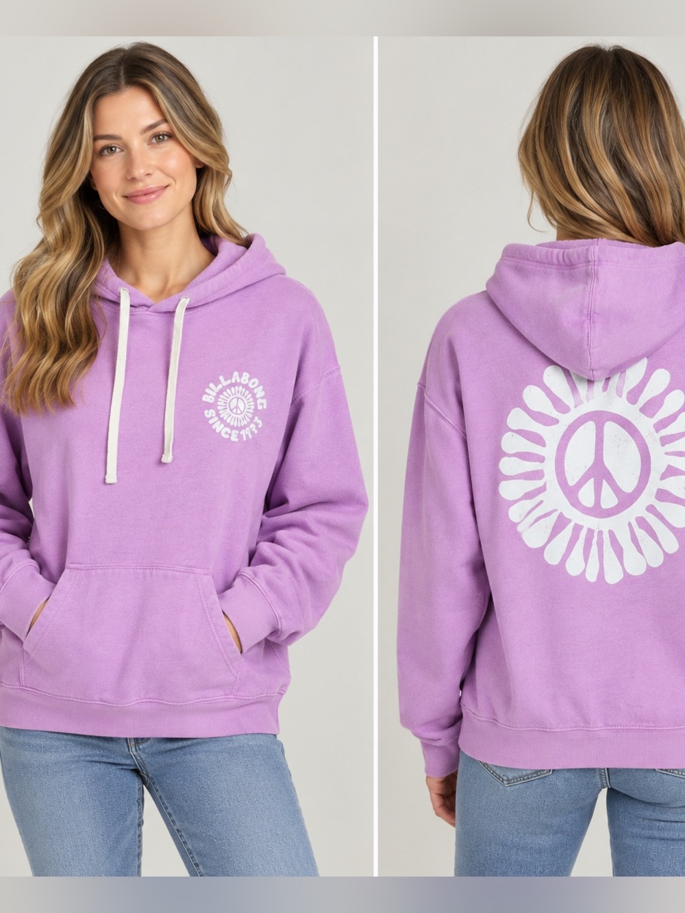 Billabong Women's Lavender Crewneck Hoodie with White Peace Flower - Size Medium